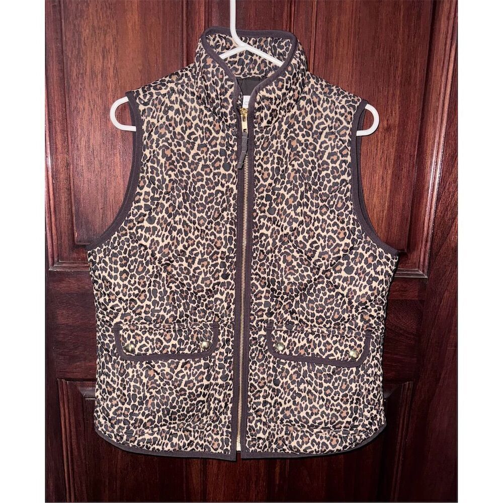 J. Crew Women's Quilted Puffer Vest Brown Leopard Animal Print Size S